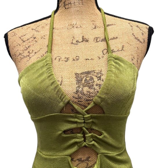 Princess Polly Zamia Cutout Halter Bodycon‎ Mini Dress Metallic Green US Size 6 - Picture 3 of 7